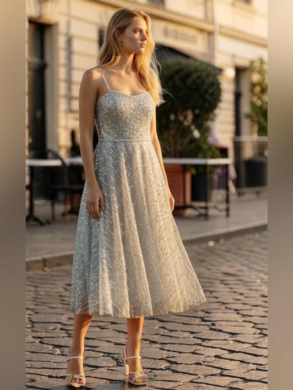 NWT MARCHESA NOTTE  Silver Sequin Rhinestone Glitter Tulle A Line Dress, Sz 8